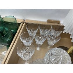 Quantity of glassware to include Mats Jonasson koala paperweight, set of six Stuart drinking glasses, seven green wine glasses with ovoid bowls, decanter, brass lamp etc