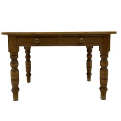 Rectangular pine farmhouse dining table, two drawers, turned legs