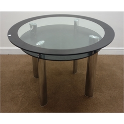  Glass top circular dining table, chrome finish supports (D10cm, H76cm) and four high back dining chairs (5)  