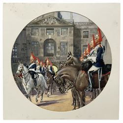 English School (20th century): Queen's Guard's Mounted on Horseback outside Palace, circular watercolour and gouache 38cm x 38cm (unframed)