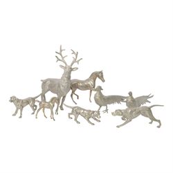 Silver plated Stag, together with cock and hen pheasant, hounds and other animals 