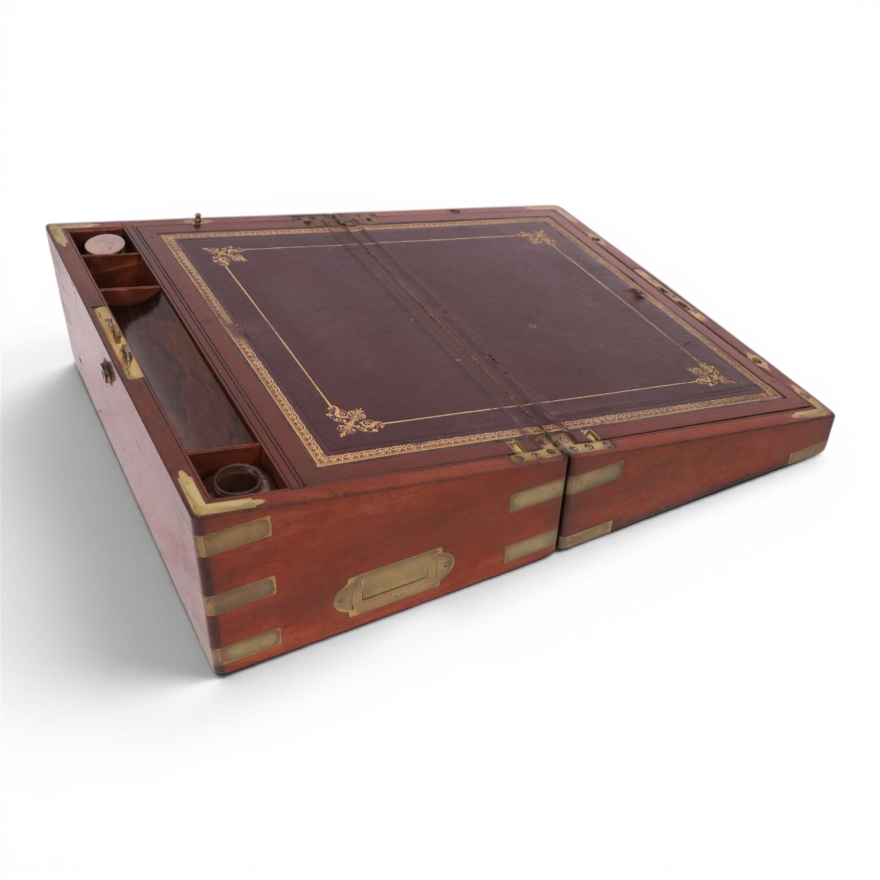 19th century mahogany brass bound writing slope, with fitted interior, H18cm