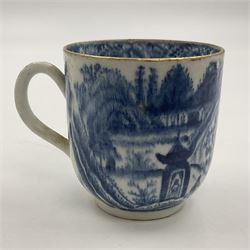 Rare 18th century Bow porcelain coffee cup, circa 1765-1770, profusely decorated with figures and dwellings in a rocky landscape, the interior with wide foliate border, H6cm