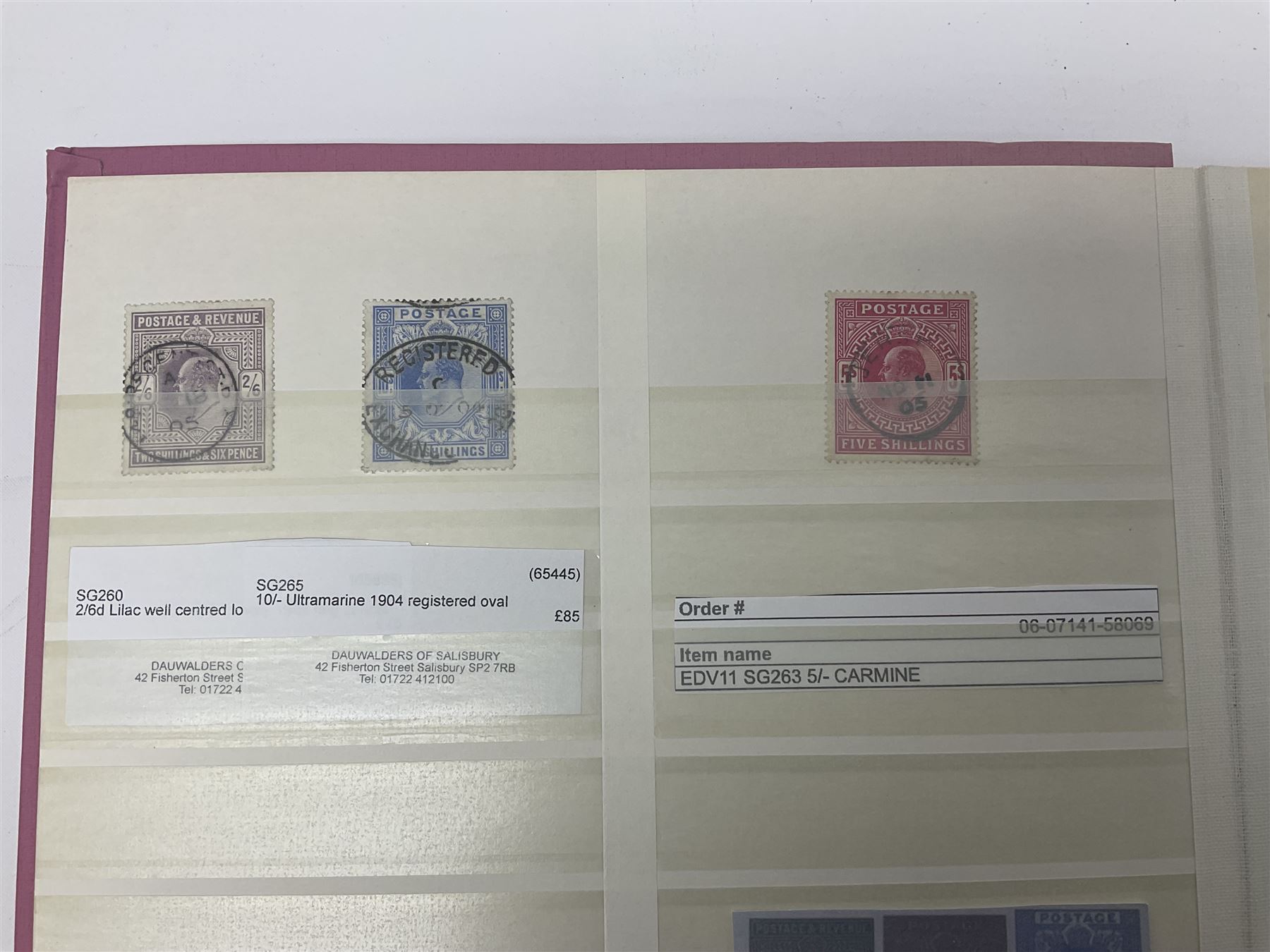 Mostly Great British stamps, including King Edward VII two shillings and sixpence, five shillings and ten shillings, King George V seahorses, King George VI high values, Queen Elizabeth II pre and post decimal etc, housed in a pink stockbook 