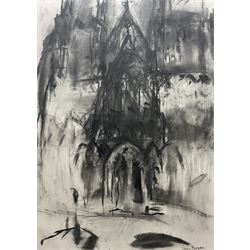 Honor Brogan (British Contemporary): 'Lichfield Cathedral - West Front', charcoal signed, titled and dated 2001 on exhibition label verso 83cm x 58cm