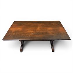 17th century design oak refectory dining table, rectangular table on stretcher base with shaped ends 