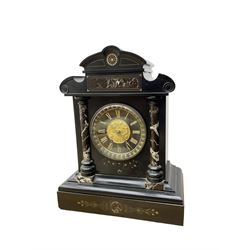 John Cundill Arundel of York - French 8-day striking mantle clock in a Belgium slate and marble case c1890, with a shaped pediment with inlaid contrasting marble and incised decoration, break front case with recessed marble pillars, on a deep plinth with conforming decoration, black slate dial with gilt roman numerals, circular gilt repoussé centre and brass hands, egg & dart slip within a cast brass bezel, rack striking movement striking the hours and half hours on a coiled gong. With pendulum.  