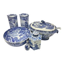 Large blue and white twin handled tureen with cover, Copeland Spode bowl, oriental blue and white jar and cover and a pair of blue and white vases