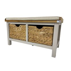 Roseland Farrow - oak and grey finish hallway bench with baskets and squab cushion 