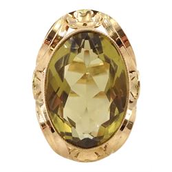 14ct rose gold large single stone oval citrine ring, in pierced flowerhead setting, Polish hallmarks