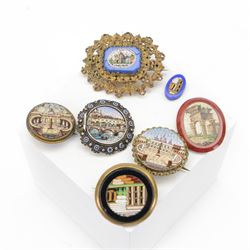 Two micro mosaic brooches depicting St Peters Square, together with a brooch depicting Ven...