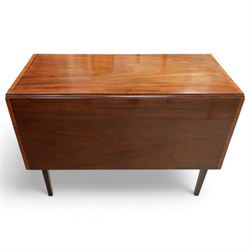 George III and later mahogany extending dining table, two D-ends, central drop-leaf table and loose leaf, satinwood banded tops, on square tapering supports with boxwood stringing