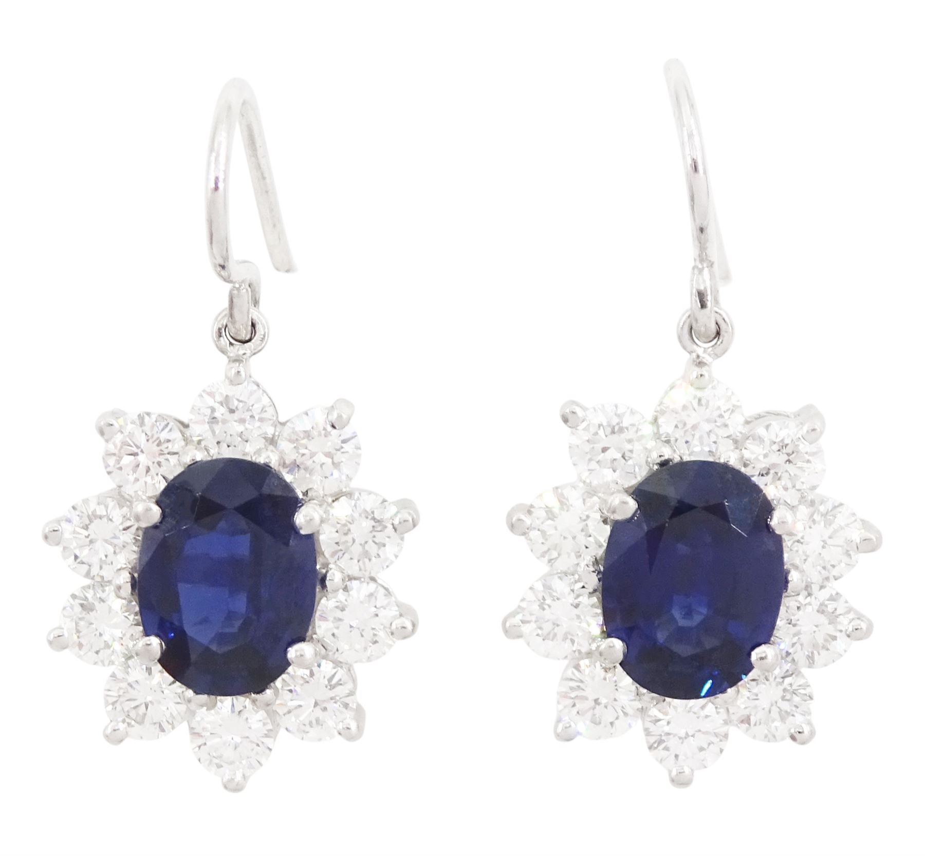 Pair of 18ct white gold oval cut sapphire and round brilliant cut diamond pendant earrings, total sapphire weight approx 2.65 carat, total diamond weight approx  2.00 carat