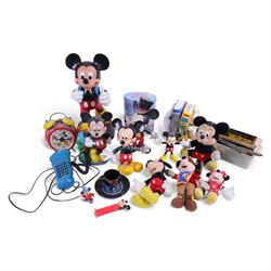 Collection of Mickey Mouse memorabilia, including Avronel alarm clock, figures, teddies, b...