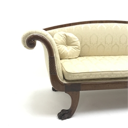  19th century mahogany framed double scroll end couch, with arched back and carved arms on lion paw curved feet, squab seat and two cushions, W220cm, D66cm, H89cm  