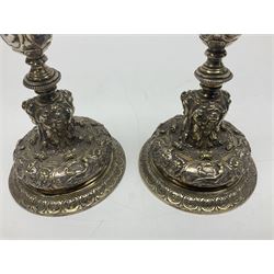 Pair of Victorian Elkington Mason & Co silver plated candlesticks, decorated in relief with ram masks and figures, H14cm