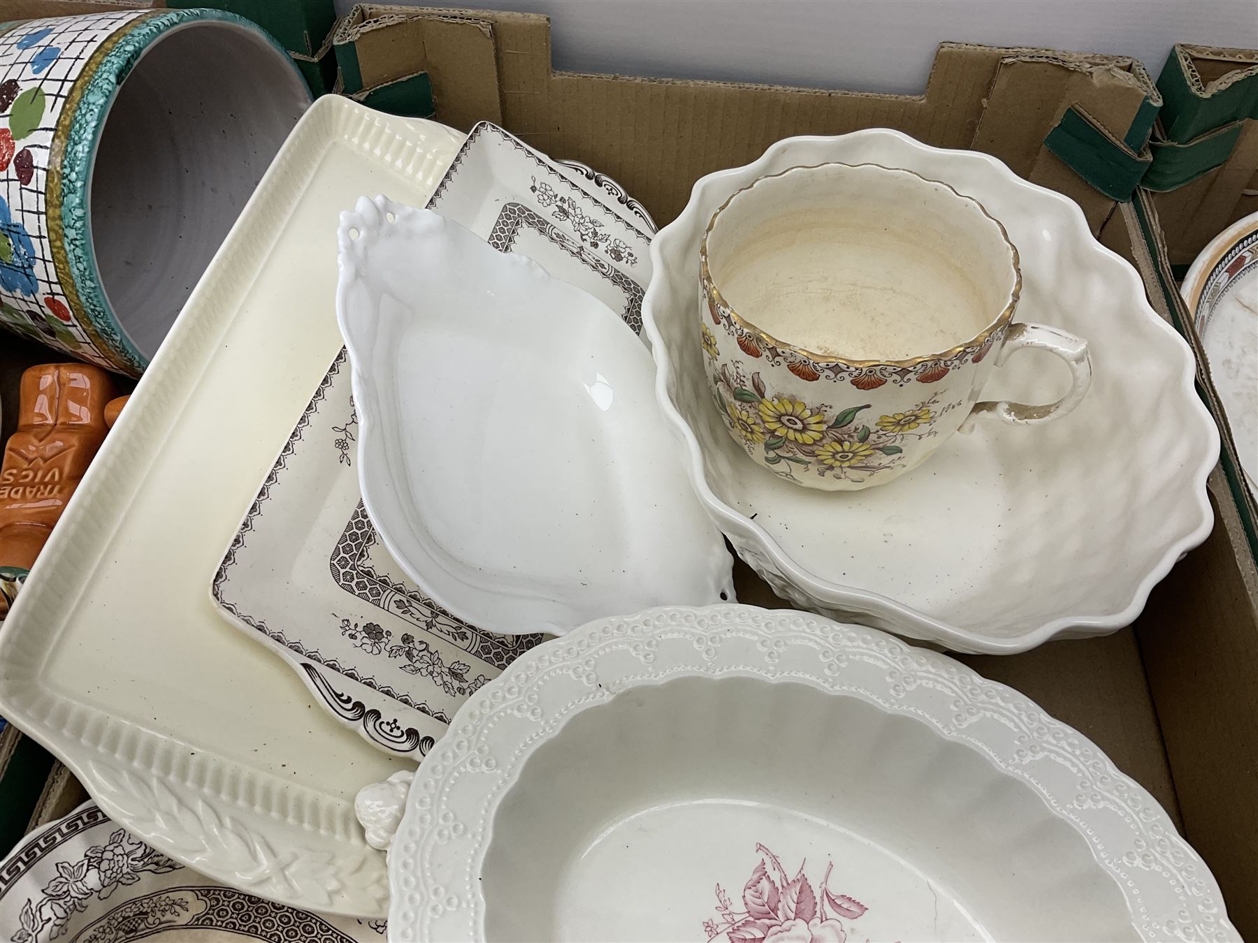 Large quantity of Victorian and later ceramics to include Spode Velamour twin handled vase, Bavaria Schumann Arzberg large circular stand and vase, Beswick Ware,  Spode, blue and white, Hanley and G Meakin, tea wares, figures, West German vase etc in six boxes