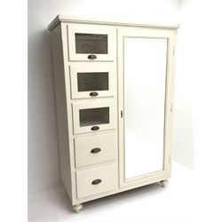 Painted combination chest wardrobe, four drawers alongside single door with full length mirror enclosing hanging rail and two shelves, turned supports