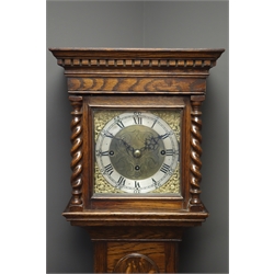  Small early 20th century oak cased longcase clock, barley twist column hood door, engraved square brass dial with silvered Roman chapter ring, triple fusee movement chiming the quarter hours on eight bells, H166cm  