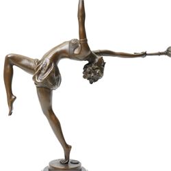 Art Deco style bronze figure of a female dancing with flame torches, raised upon marble socle base, signed F. Paris, H43cm