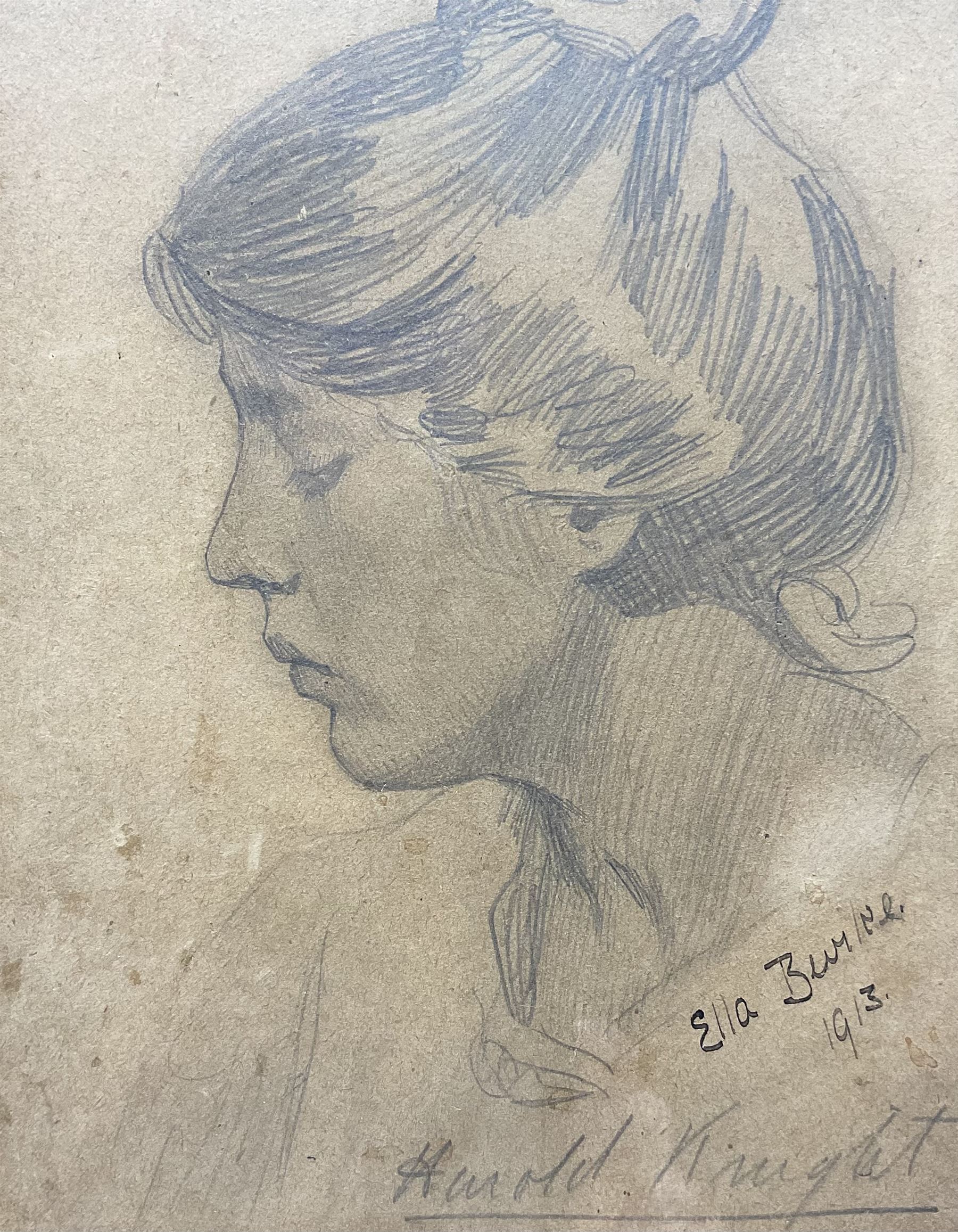 Harold Knight (Staithes Group 1874-1961): 'Ella Burke', pencil sketch signed in pencil, titled and dated 1913 in pen 16.5cm x 13cm
