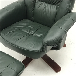 Recliner armchair upholstered in green faux leather (W77cm) and  matching footstool (2)