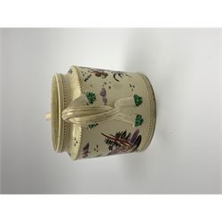 18th century creamware teapot, probably Leeds, with reeded entwined handle and floral finial to the cover, the body with hand painted polychrome decoration of figure to one side, and floral spray to the other, collectors paper label beneath inscribed Leeds Pottery, H11.5cm