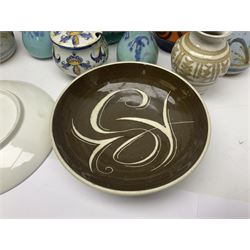 Poole Pottery Delphis plate, together with studio pottery including vases, bowls and jugs