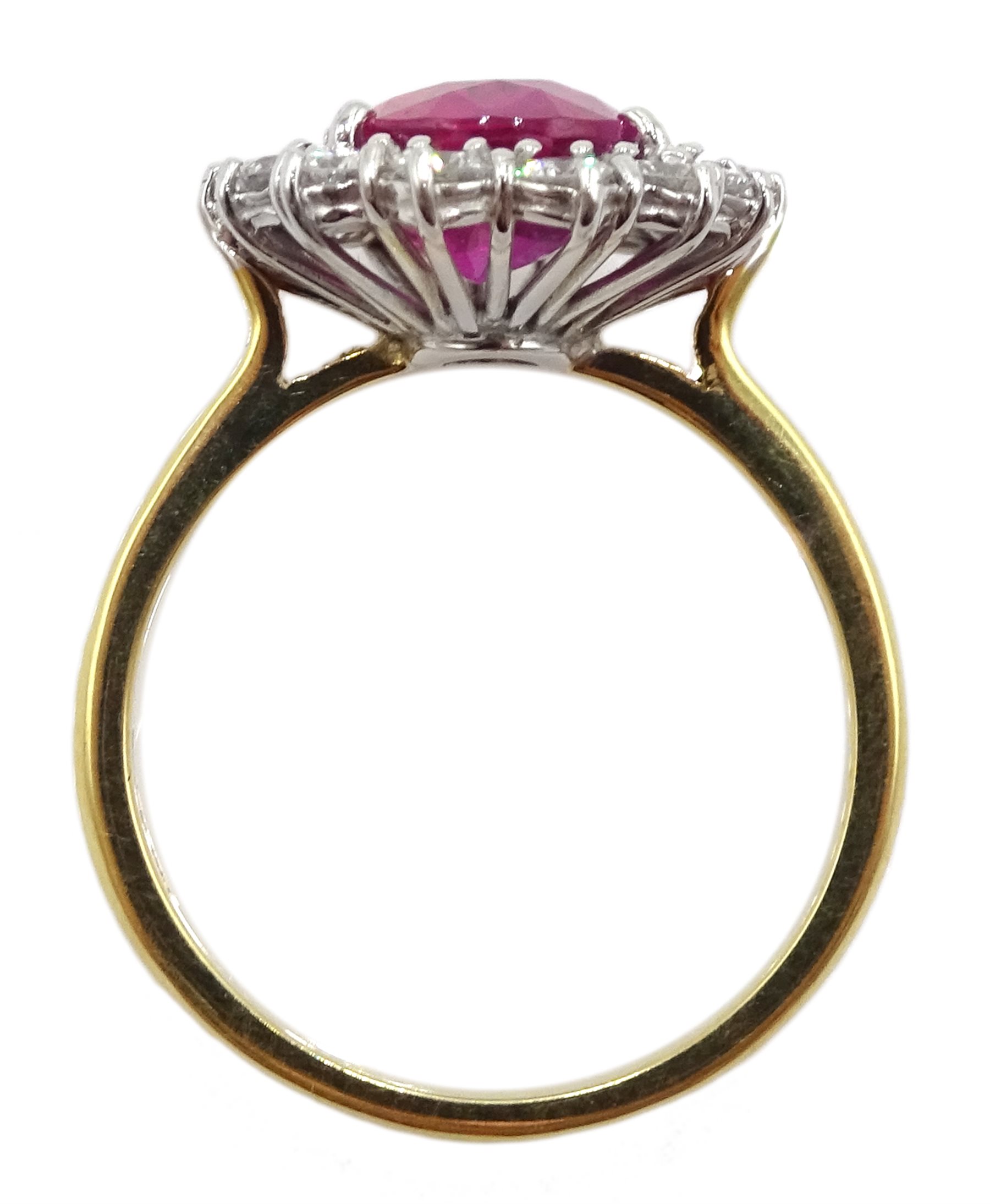18ct gold pink sapphire and diamond cluster ring, hallmarked, sapphire approx 3.10 carat