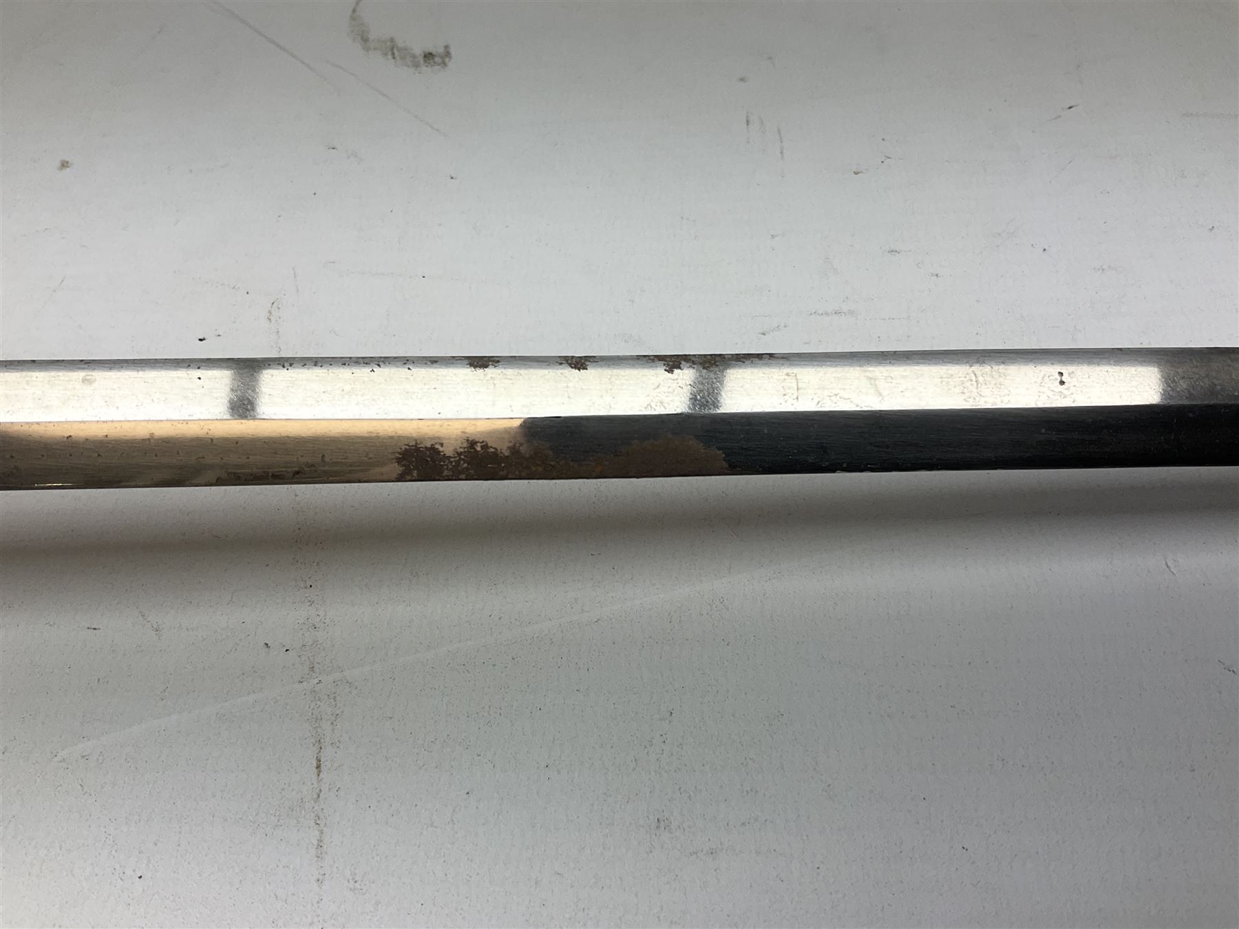 Replica knight's longsword, the 91.5cm double-edged steel blade with basket hilt and wire-bound bone grip with spherical pommel, in leather scabbard L112cm overall