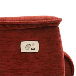 Contemporary electric reclining swivel rocker armchair, upholstered in textured red chenille fabric, high back with integrated headrest and panelled cushioning, on a circular base, requires power unit