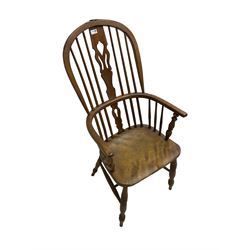 19th century elm and beech Windsor armchair, stick back with pierced splat, on turned supports with H-shaped stretchers