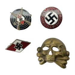 Three WW2 German enamelled badges comprising Hitler Youth M1/170, HJ Shooting M1/25 and Party Badge M1/90; all by RZM with pin; and WW2 German 'SS' 1st Pattern visor cap skull with one fixing (4)