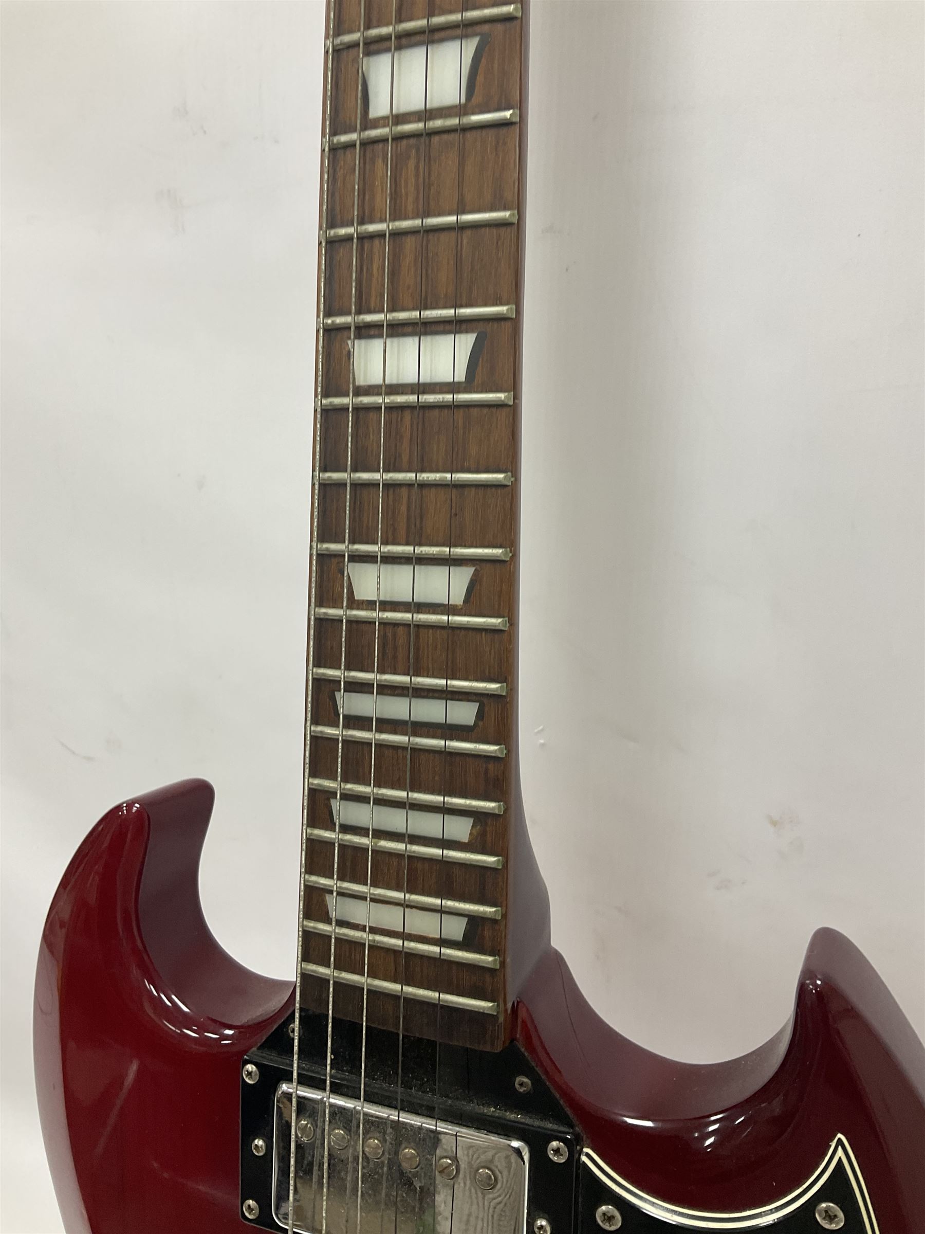 Vintage VS6M Reissued Series six string electric guitar, with solid body in cherry red finish, in carrying case, guitar L103cm