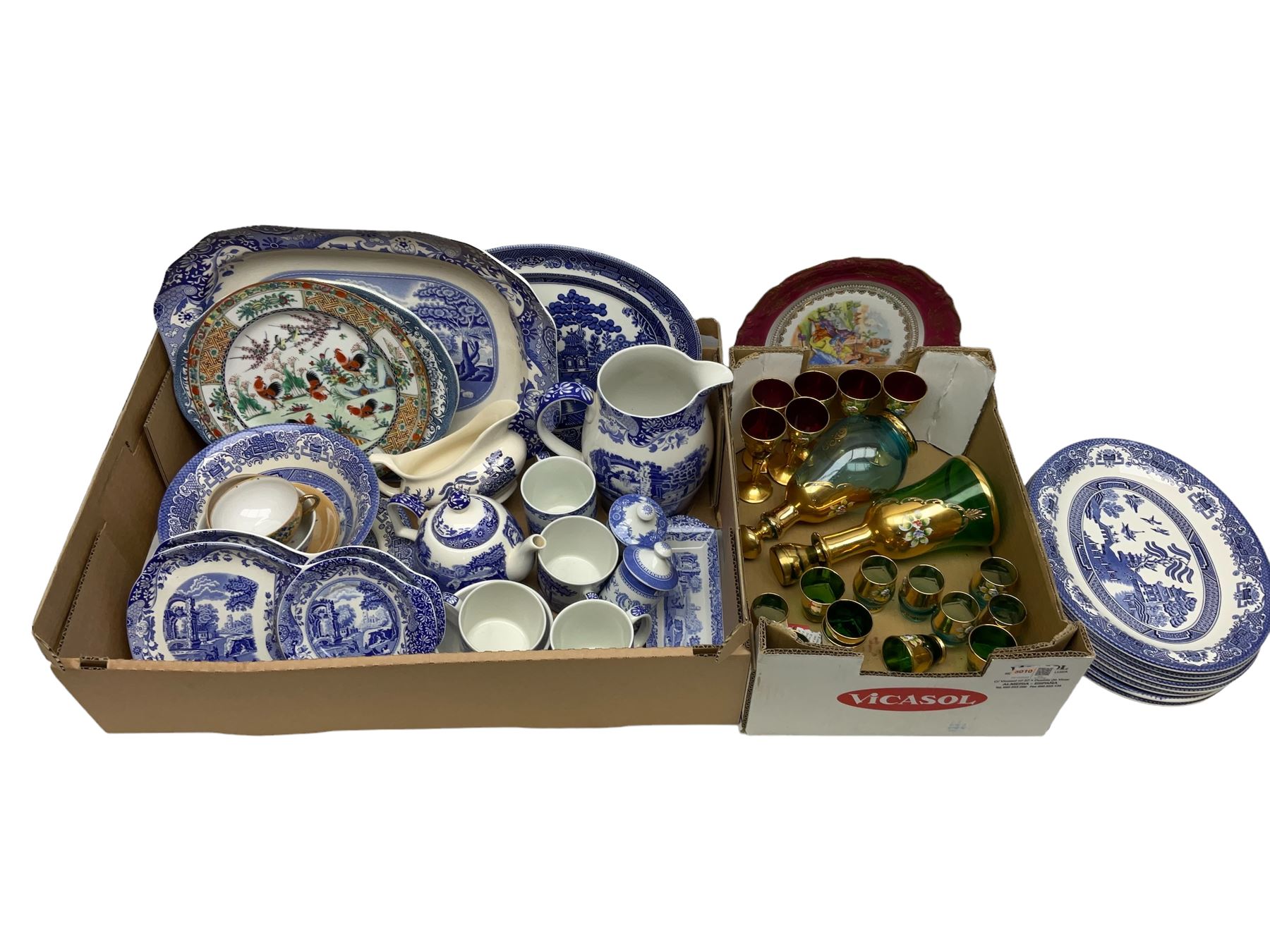Quantity of blue and white ceramics to include Spode Italian pattern, together with red, blue and green Bohemian glasses decorated with gilt and flowers together with two decanters