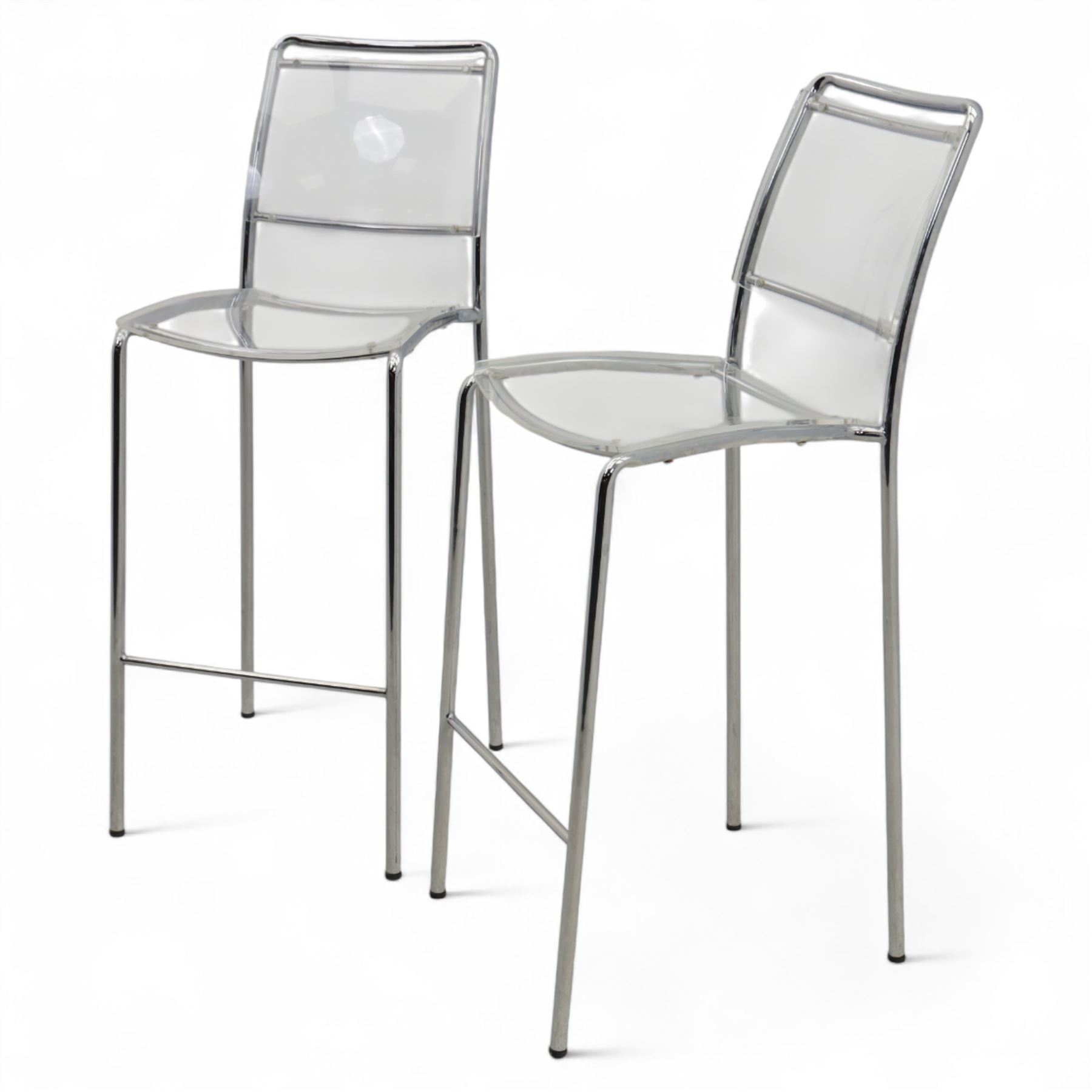 Pair of Italian Lucite and chrome high back stools, with clear moulded seats and backs supported by tubular chrome frames 