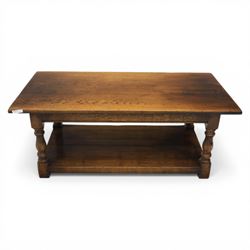 Oak coffee rectangular table, in the manner of Titchmarsh & Goodwin, raised on turned supports united by a full length undertier