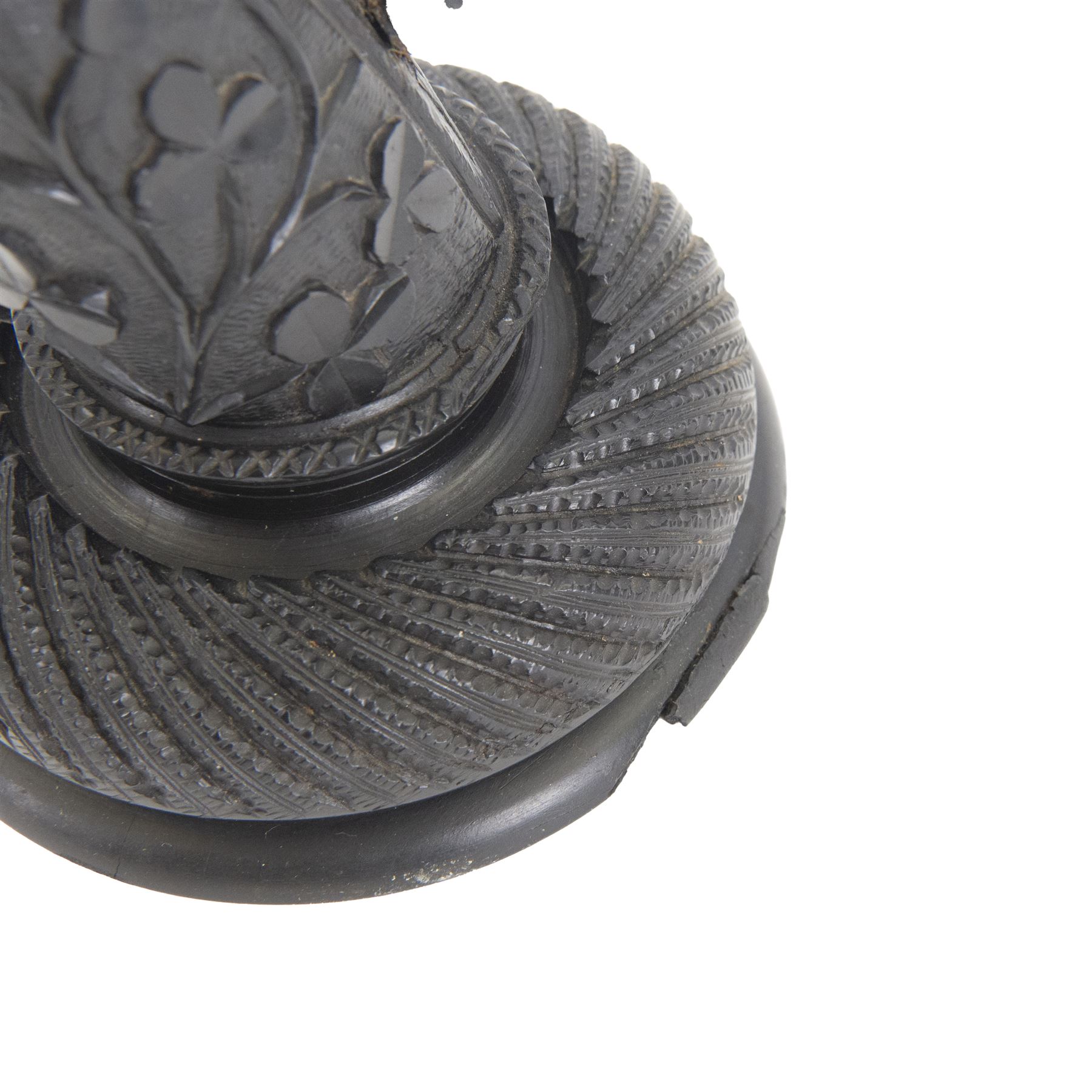 19th century Irish carved bog oak model of a harp, detailed with fluting, diamond cuts and shamrocks, upon a turned circular base, H29cm
