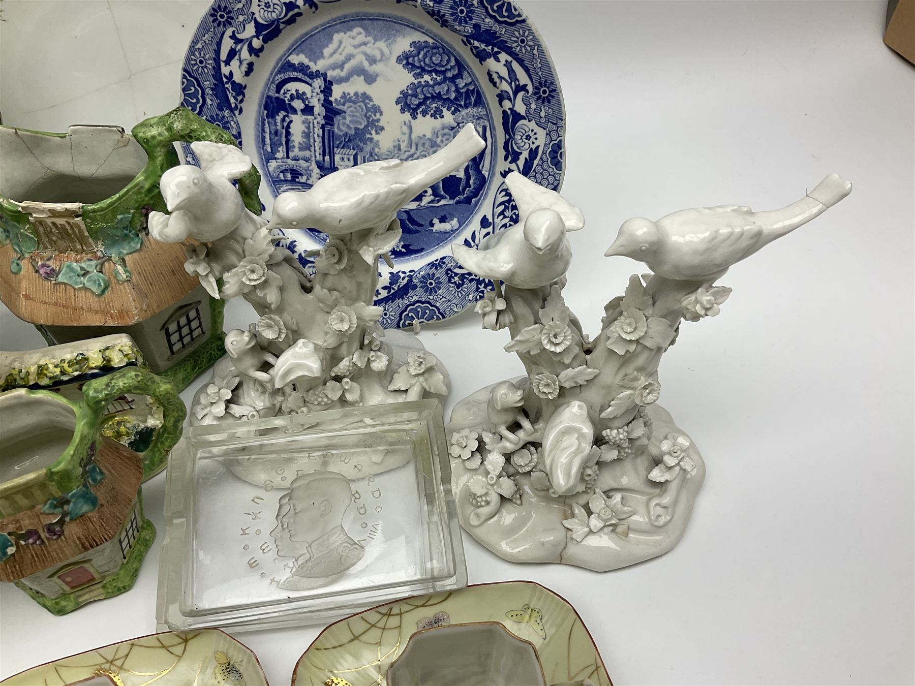 Royal Crown Derby Brocade pattern jug and sugar bowl, together with a similar gilt floral pattern bowl, three graduating Staffordshire style pearlware cottage jugs, Leeds Pottery model cottage and other ceramics and glassware, etc