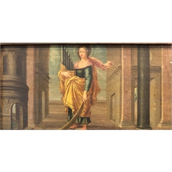 Italian School (18th century): Classical Terrace scenes with Figures emblematic of the Arts , set of four oils on oak panels unsigned 11cm x 24cm (4) 