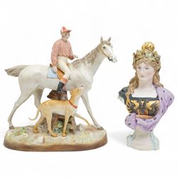 Continental bisque bust of a Queen H28cm and another of horse with jockey and dog H33cm x L31cm