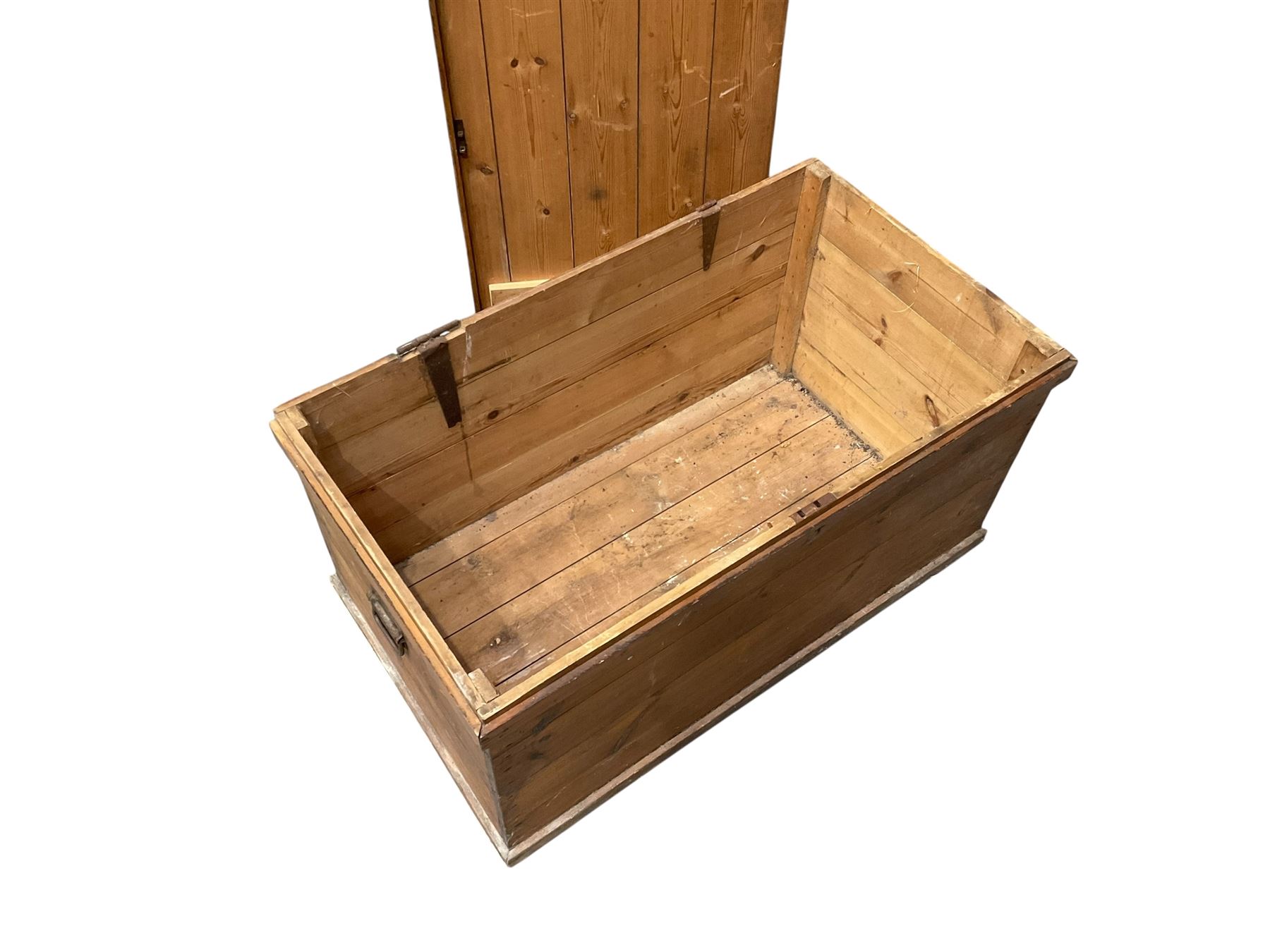 Victorian pine blanket box, hinged top, iron carrying handles