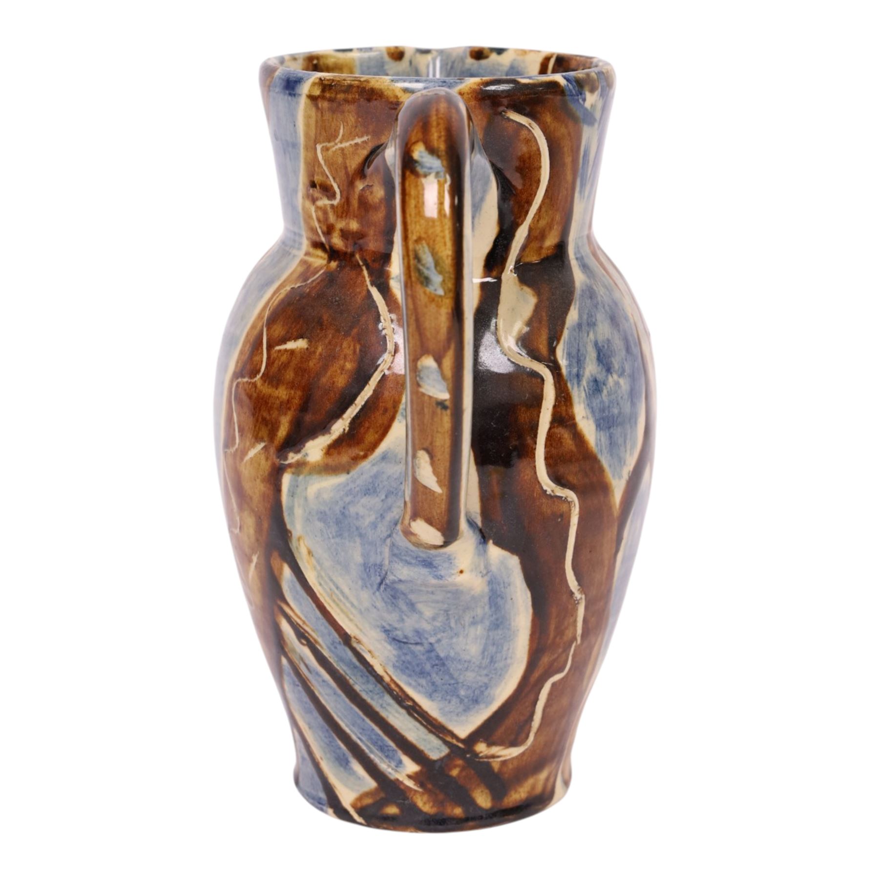 David Garland (b.1941) jug, decorated in a blue and brown glaze, with leaves and abstract patterns, H27cm
