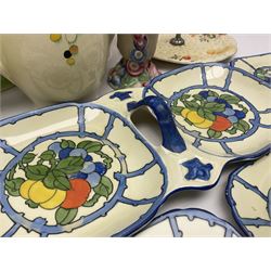Collection of 1930s ceramics, comprising Shorter & Son jug with bird handle, set of three J.H.W & Sons graduating jugs, Clarice Cliff My Garden pattern vase and Celtic Harvest pattern cake plate and a Burleigh Ware sandwich plate set, bird jug H21cm