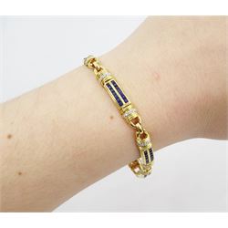 18ct gold sapphire and diamond bracelet, each link set with two rows of rectangular step cut sapphires, with pave set diamonds either side, stamped, total diamond weight 0.40 carat, total sapphire weight 2.50 carat, with World Gemological Institute report