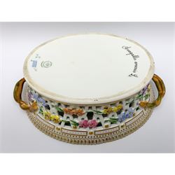 Royal Copenhagen Flora Danica basket, with naturalistically modelled vine handles and reticulated sides detailed with polychrome forget-me-nots, the interior decorated with a botanical study of 'Anagallis arvensis', sprigs and a gilt border, with printed and painted marks beneath, H8cm L26cm 

