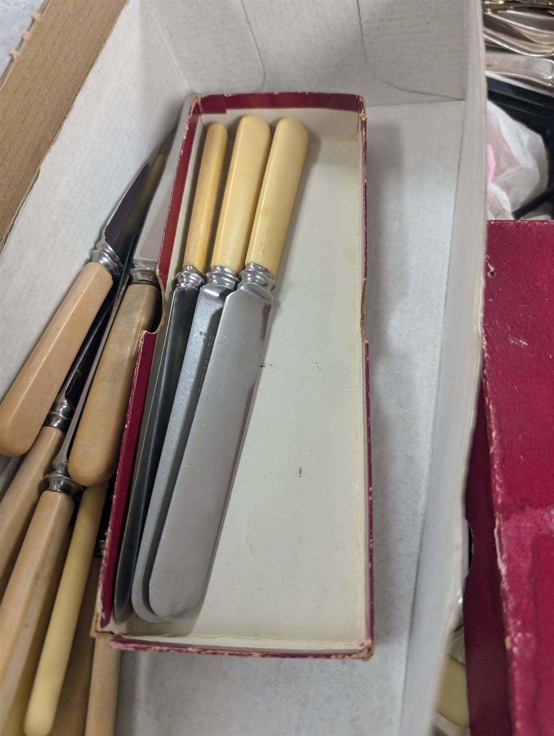 Collection of EPNS cutlery, including soup spoons, fish servers, butter knives, forks etc