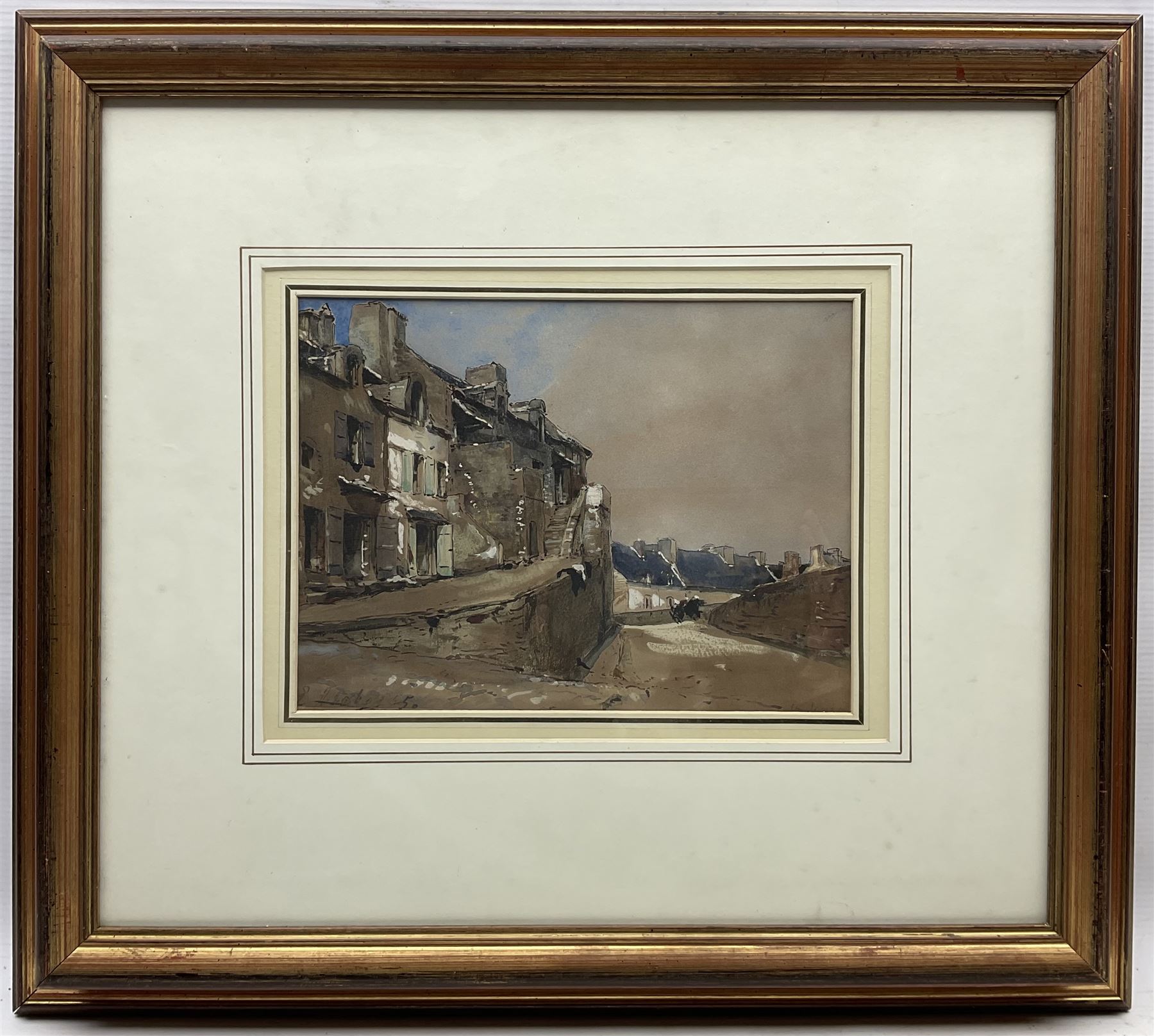 Eugène Isabey (French 1803-1886): Pathway at Dusk, watercolour and ink heightened with white signed indistinctly titled and dated '55, 19cm x 26cm 