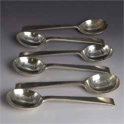 Set of six  Art Deco silver dessert spoons, hallmarked Roberts & Belk Ltd, Sheffield 1937