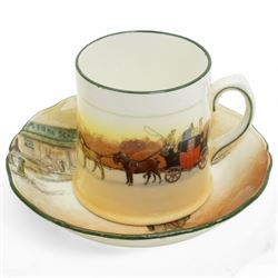 Royal Doulton series ware, comprising Dutch Ruysdael `Two Men Discussing A Letter' pitcher, H33.5cm, Bayeux Tapestry plate and jug, and various Coaching Days items including a biscuit barrel with silver plate cover 